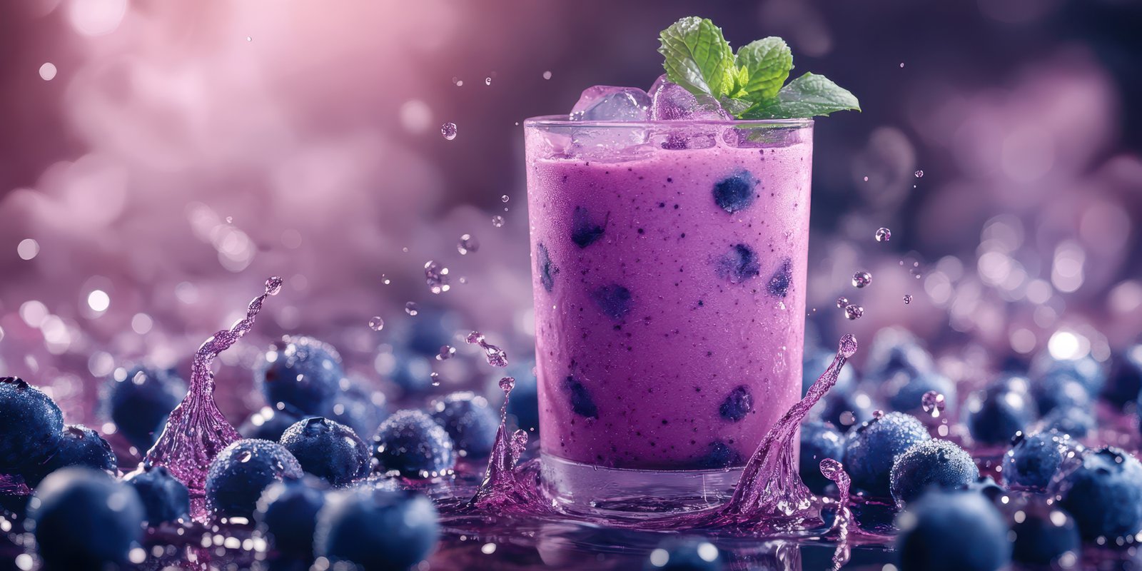 Vibrant berry smoothie with fresh blueberries and mint against a colorful background
